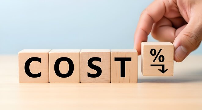A hand placing a wooden block with a percentage down arrow next to blocks spelling COST, symbolizing cost reduction.