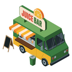 Naklejka premium Isometric illustration of green and yellow juice bar food truck with sign and sandwich board