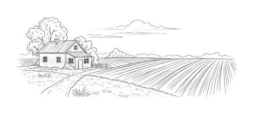 Rural farmhouse with cultivated fields and trees under a cloudy sky cultivation agriculture © Mosta