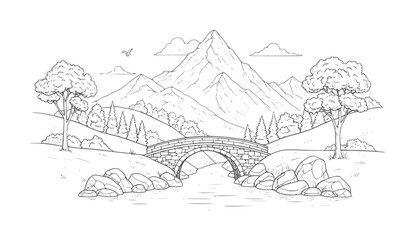 Fototapeta premium Stone bridge over river with mountains trees and clouds water