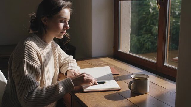 A person sits at a desk writing thoughtful gratitude notes in a personal journal while enjoying a quiet moment of reflection and self-care.