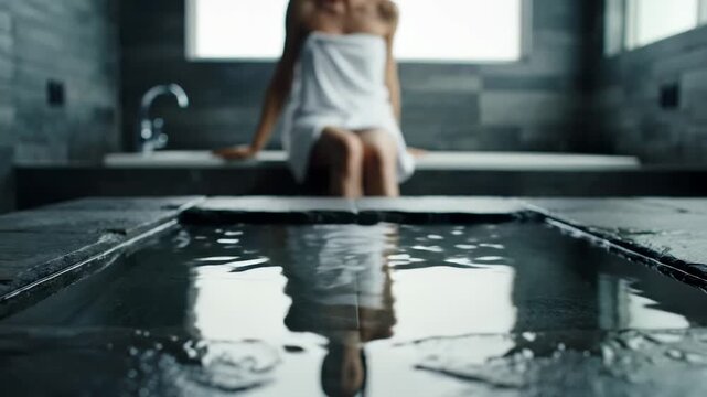 In a contemporary spa, a person in a towel sits on the edge of a sleek stone bath, water rippling gently around them, creating a peaceful atmosphere of relaxation and calm.