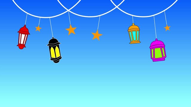 Colorful hanging lanterns and gold stars on white strings over blue gradient sky background, festive holiday decorative illustration with copy space.