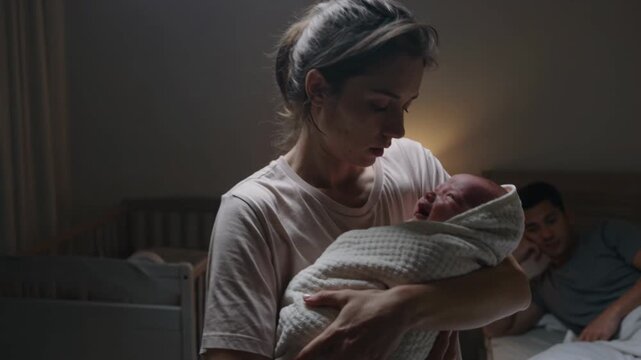 Two tired, sleep-deprived parents stand together in a dimly lit nursery, gently rocking their crying newborn baby during a difficult late-night moment.