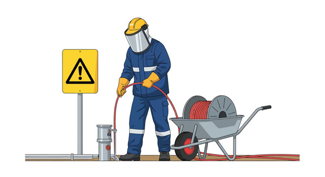 Electrician working with cables and protective gear near a warning sign.