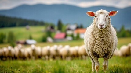 Fototapeta premium Close-up of a fluffy sheep standing in a green field with a flock behind it
