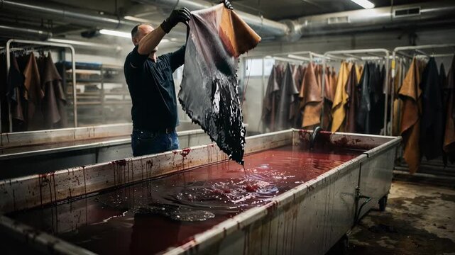 Medium shot of craftsman dipping leather hides into dye baths capturing the immersive dyeing process and vibrant color absorption in an industrial dyeing facility.