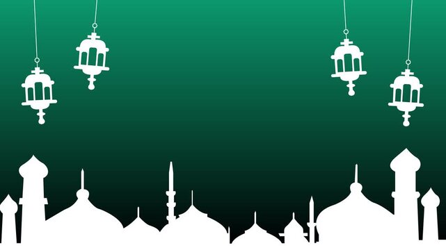 Green gradient background with white mosque skyline silhouette and hanging lanterns, Islamic holiday greeting banner template with copy space.