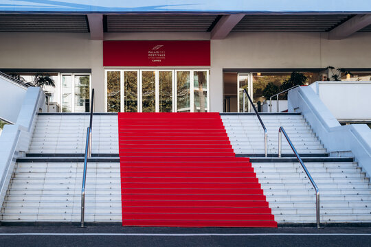 Cannes, France - September 15, 2025: Famous red carpet stairs at the entrance of the Palais des Festivals et des Congres in Cannes, home of the international Cannes Film Festival