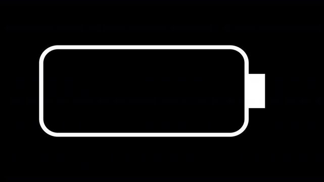 recharging or charging battery icon that repeatedly loops with four bars of electrical power energy building up in sequence console display icon symbol 4K animation with white silhouette outline 