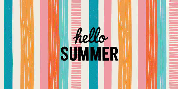 Hello summer colorful striped background with text overlay design element