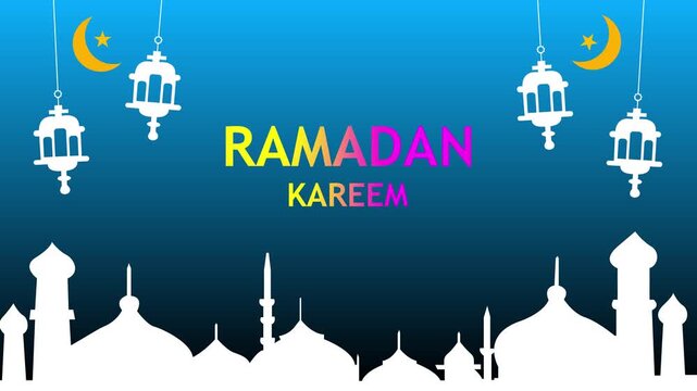 Ramadan kareem greeting card with white mosque skyline, hanging lanterns and crescent moons on blue gradient background, colorful text centered, festive islamic holiday design.