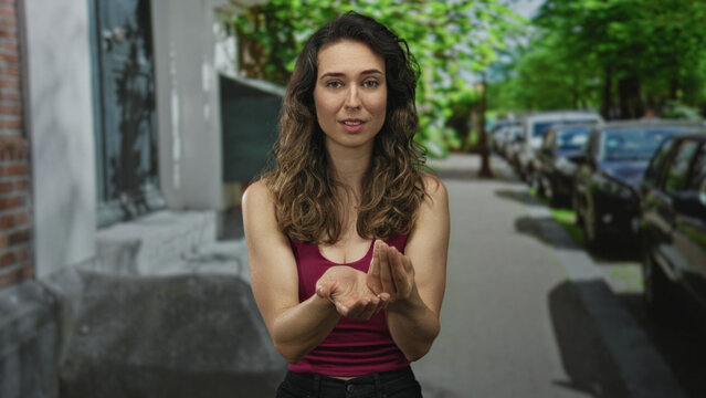 Woman holds out empty hands in a begging gesture with pleading gaze on city street; desperation.