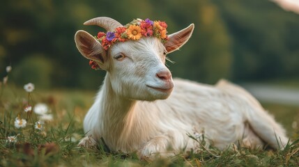 Obraz premium Playful Goat Adorned with Colorful Floral Wreath in Nature Setting