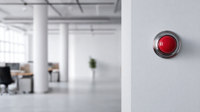 Red Emergency Panic Button Mounted on Clean Wall in Office Space
