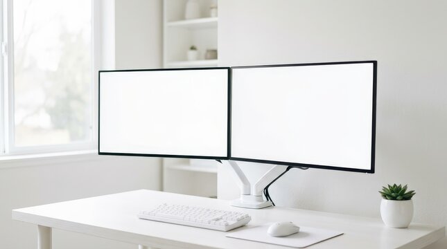 Dual screen computer monitors on a white desk with keyboard