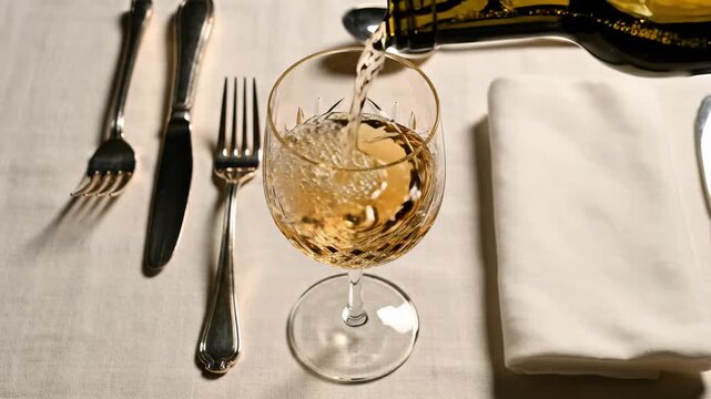 A skilled hand pours a shimmering golden drink into a beautifully etched glass, capturing the essence of a refined dining scene surrounded by silverware, evoking elegance and warmth.