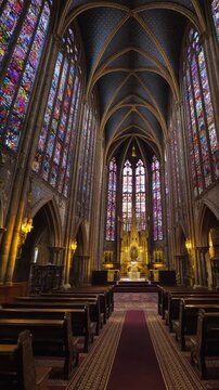 Interior of a cathedral with colorful stained glass windows
