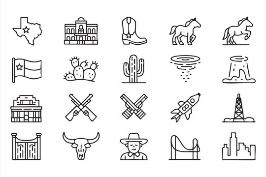 Western cowboy icon set with texas state horse boots cactus sheriff star and desert culture symbols