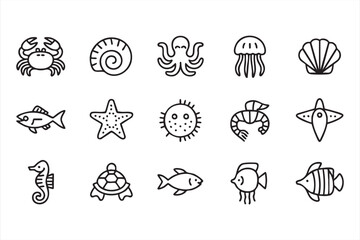 Ocean life outline icon collection with crab shell octopus starfish shrimp and marine animals © Icon Nest
