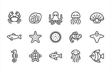 Sea creatures line icons with octopus jellyfish turtle fish starfish and ocean wildlife elements © MD.sahadat