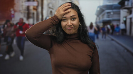Woman touching forehead with hand on a busy street in brown turtleneck with hoop earring visible  regret reflection. © Krakenimages.com