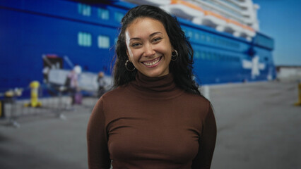 Woman smiling with face visible and hoop earrings at a port beside a large cruise ship and dock equipment  joy. © Krakenimages.com
