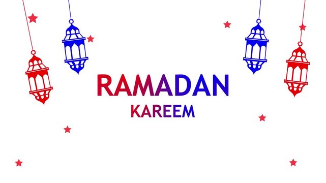 Minimalist ramadan kareem greeting with hanging lanterns and small stars on white background, red and blue gradient text and lanterns