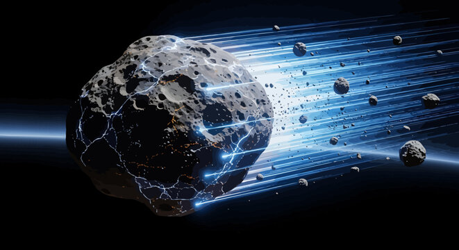 Dynamic illustration of a colossal asteroid in rapid disintegration, hurtling through the dark cosmos with brilliant streaks of blue energy and luminous fragments