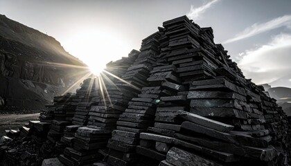 Precisely stacked dark slate tiles forming an imposing structure against a sunlit sky
