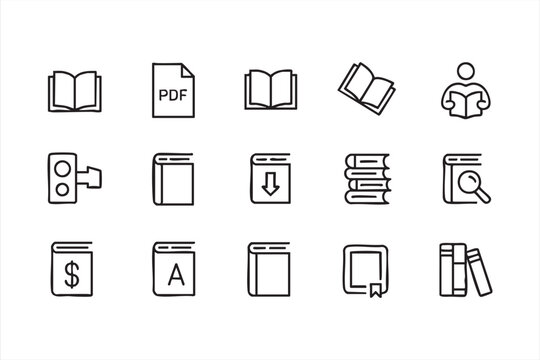 Library and literature line icons with open book ebook reader download file and textbook symbols