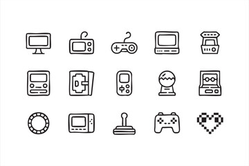 Classic gaming outline icon collection with arcade cabinet controller joystick and handheld console © Icon Nest