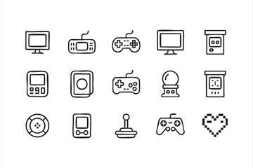 Video game console icon set with joystick controller arcade machine and pixel gaming symbols © Icon Nest