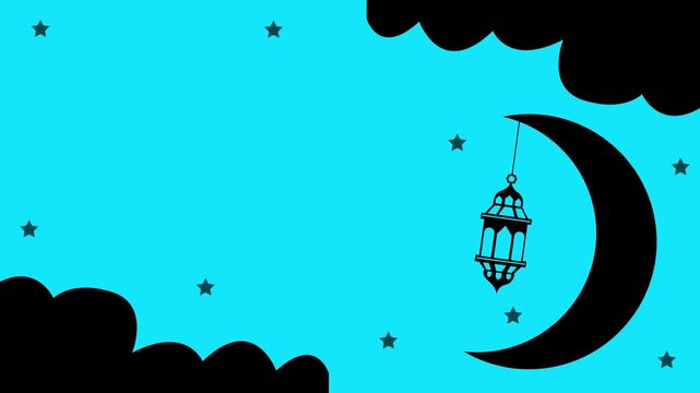 Minimal night sky illustration with black crescent moon, hanging lantern, stars and clouds on bright turquoise background.