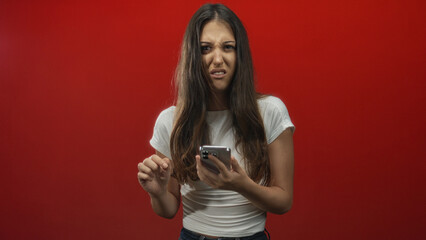 Naklejka premium Woman tapping smartphone in red studio, holding the phone with both hands while scrolling and frowning; frustration tech fatigue.