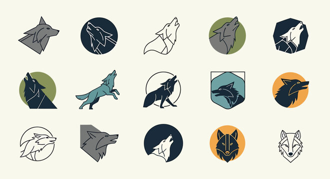 Collection of stylized wolf head and howling wolf logos and icons for branding and design projects