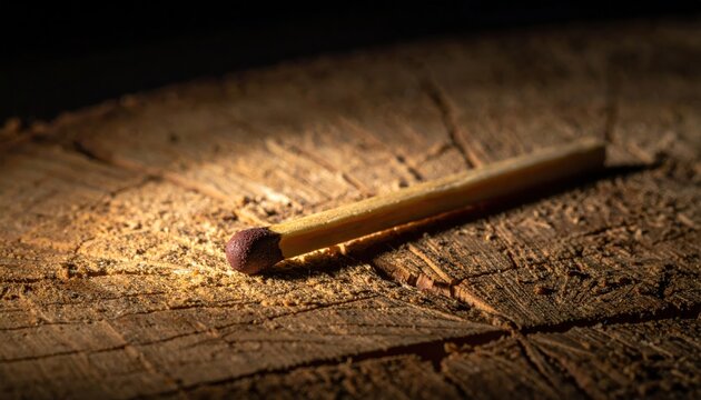 Single unlit matchstick poised on rough wood surface awaiting ignition, highlighting potential and essential tool.