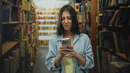 Young hispanic woman holding smartphone and shrugging palm up amid tall crowded bookshelves in a public library aisle  frustration. © Krakenimages.com