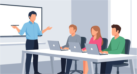 Businessman presenting to colleagues in modern office meeting room with laptops in professional corporate setting © JAHIDUL STOCK