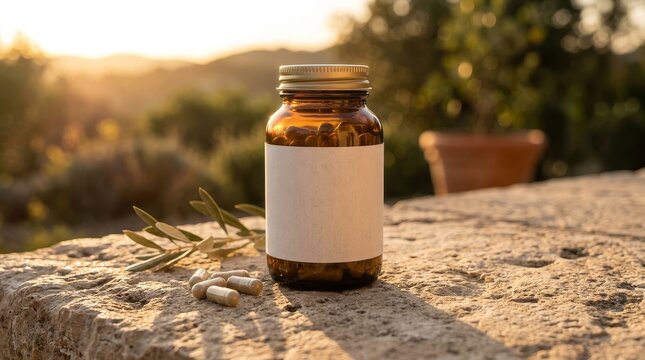 Amber supplement bottle mockup with capsules outdoors at sunset
