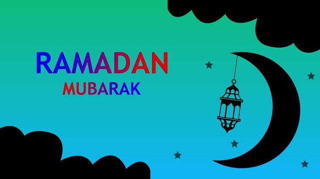 Ramadan mubarak greeting card with crescent moon, hanging lantern, stars, and cloud silhouettes on teal gradient background, simple vector style
