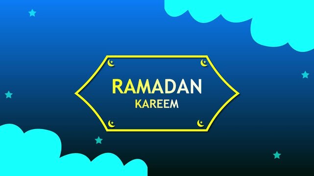 Ramadan Kareem greeting banner on blue gradient background with clouds, stars and crescent moon icons, modern flat vector design, copy space.