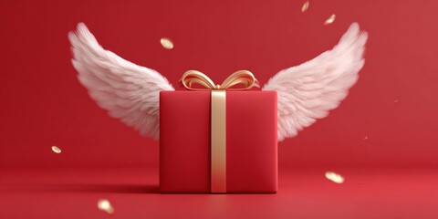 Naklejka premium Red gift box with white angel wings and gold ribbon, floating with confetti