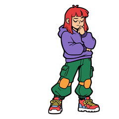 Gen Z Girl in Streetwear Standing in a Thinking Pose