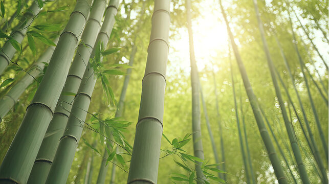 clacking. Bamboo stalks swaying and clacking in forest breeze with filtered daylight and motion blur. gardening catalogs, home-decor guides, designed for home decor and floral branding.
