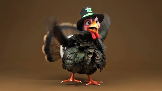 Cute funny turkey bird performing a goofy dance, classic pilgrim hat with golden buckle, joyful Thanksgiving celebration concept, minimal brown background with copy space, cartoon style
