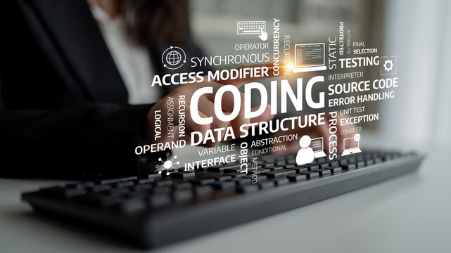 A focused programmer works at a desk, typing on a keyboard, enhanced by graphics representing key coding concepts like data structure, testing, and error handling. Tessel