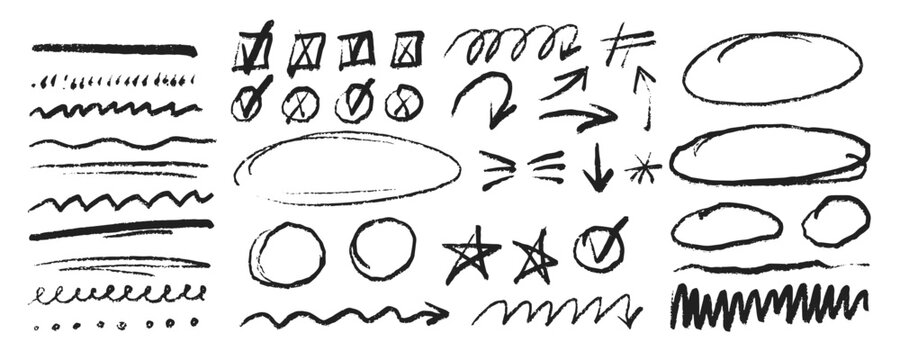 handdrawn doodle scribble symbol set, grunge crayon pencil mark collection, quirky sketch element vector illustration for poster, sticker, branding, packaging