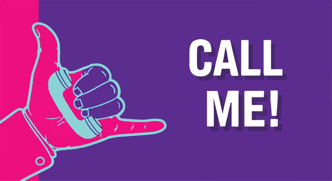 Vibrant Pink Hand Gesture with Stylized Phone and 'CALL ME!' Text on Purple Background isolated PNG with Transparent Background