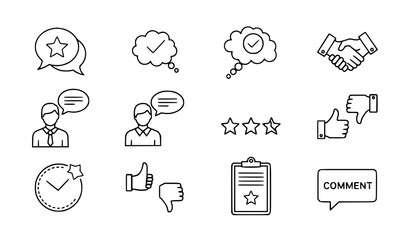 Fototapeta premium A set of line art icons representing communication, feedback, and evaluation